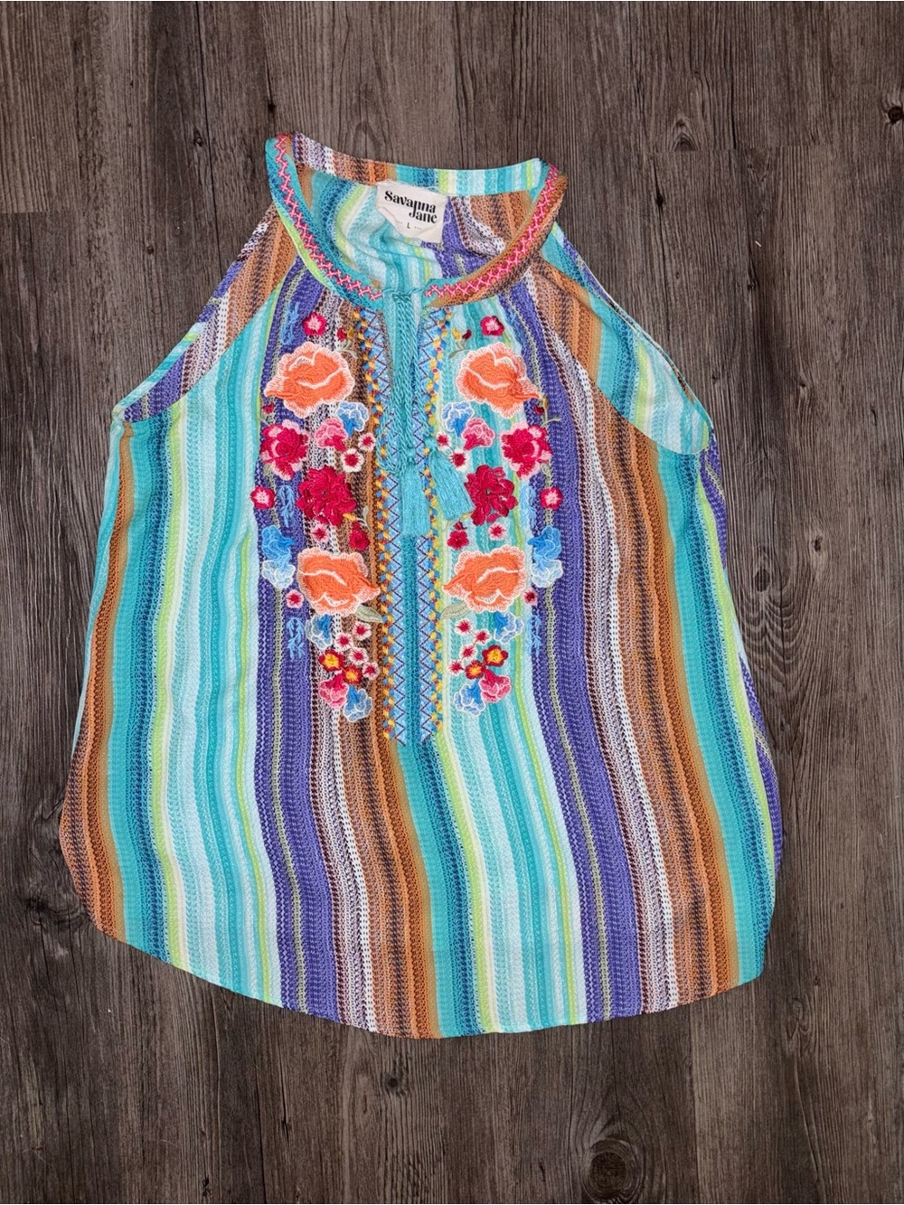 🍓 Savanna Jane Boho Floral Embroidered Tassel Tie Neck Tank Top Large